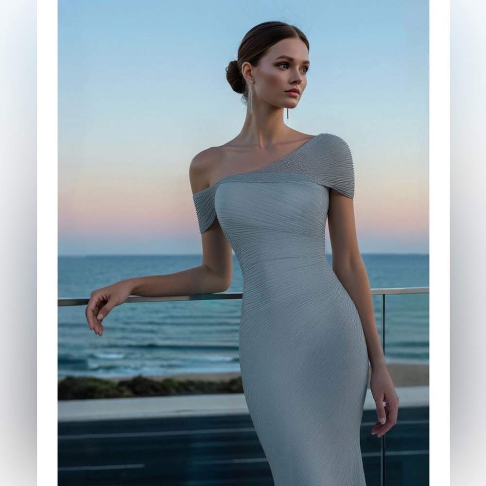 Elegant Off-Shoulder Silvery Blue Gown